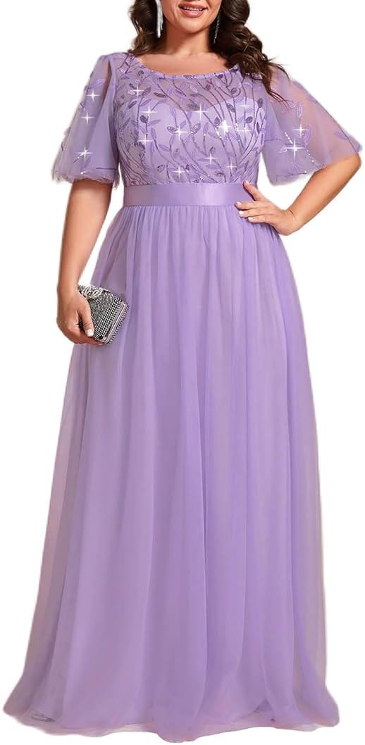 Ever-Pretty Plus Women's Sequin Plus Size Formal Dresses A Line Ruffle Sleeves Floor Length Evening Gown - Product Image