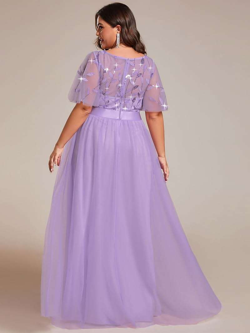 Ever-Pretty Plus Women's Sequin Plus Size Formal Dresses A Line Ruffle Sleeves Floor Length Evening Gown - Image 2