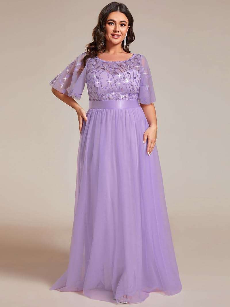 Ever-Pretty Plus Women's Sequin Plus Size Formal Dresses A Line Ruffle Sleeves Floor Length Evening Gown - Image 3