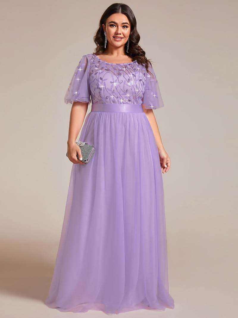 Ever-Pretty Plus Women's Sequin Plus Size Formal Dresses A Line Ruffle Sleeves Floor Length Evening Gown - Image 4