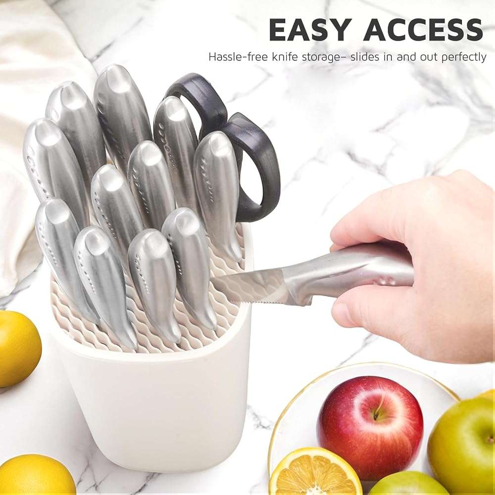 Universal Knife Block Holder for Kitchen, WELLSTAR Knife Stand without Knives, Safe Space Saver Large Volume Stable Knife Storage with Scissors Slot, Detachable for Easy Cleaning – Off-White - Image 2