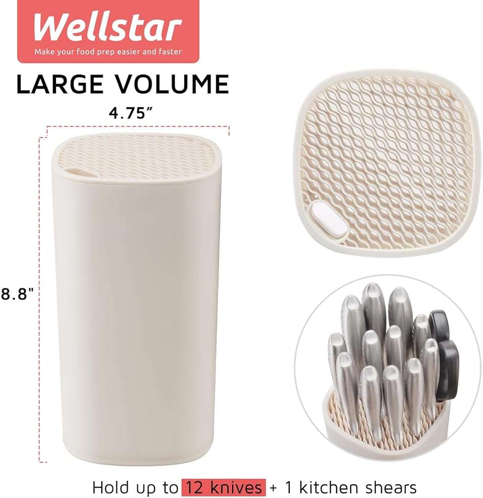 Universal Knife Block Holder for Kitchen, WELLSTAR Knife Stand without Knives, Safe Space Saver Large Volume Stable Knife Storage with Scissors Slot, Detachable for Easy Cleaning – Off-White - Image 3