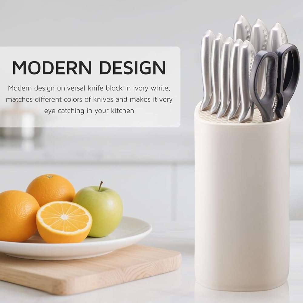 Universal Knife Block Holder for Kitchen, WELLSTAR Knife Stand without Knives, Safe Space Saver Large Volume Stable Knife Storage with Scissors Slot, Detachable for Easy Cleaning – Off-White - Image 5
