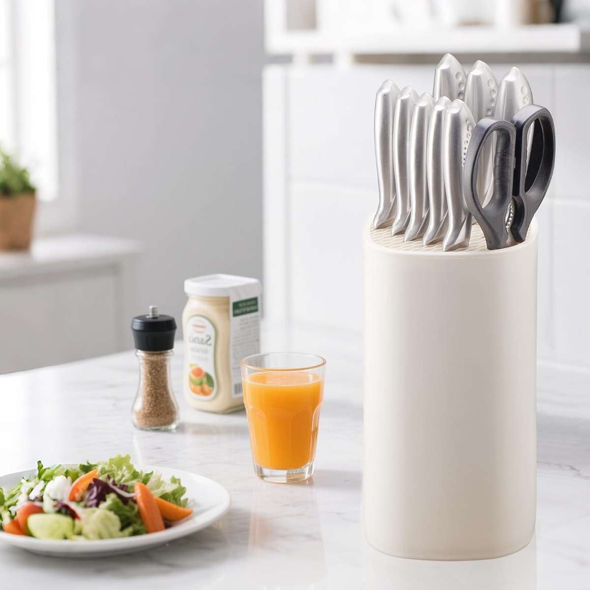 Universal Knife Block Holder for Kitchen, WELLSTAR Knife Stand without Knives, Safe Space Saver Large Volume Stable Knife Storage with Scissors Slot, Detachable for Easy Cleaning – Off-White - Image 8