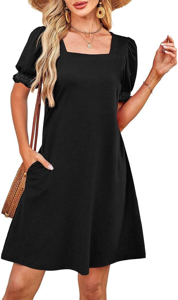 RUMIA Summer Dresses for Women 2025 Casual Cute Square Neck Puff Short Sleeve Dress with Pockets - Image 1
