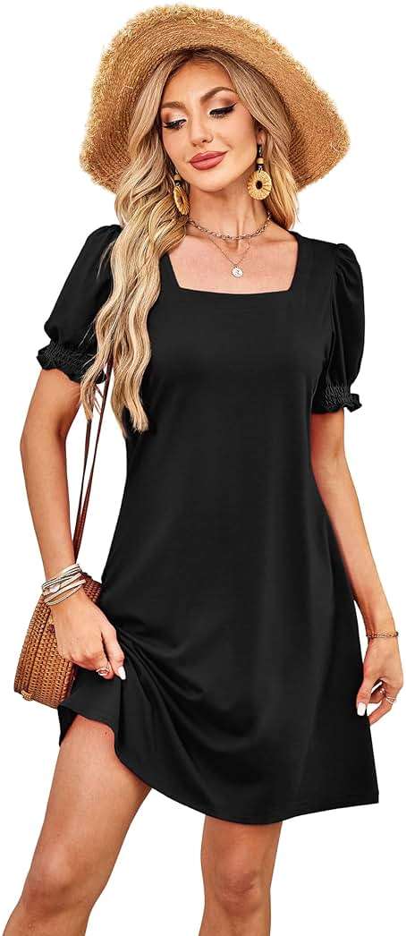 RUMIA Summer Dresses for Women 2025 Casual Cute Square Neck Puff Short Sleeve Dress with Pockets - Image 2