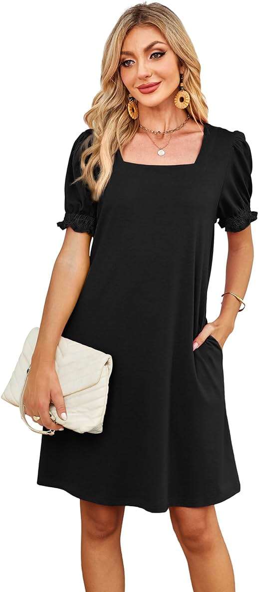 RUMIA Summer Dresses for Women 2025 Casual Cute Square Neck Puff Short Sleeve Dress with Pockets - Image 3