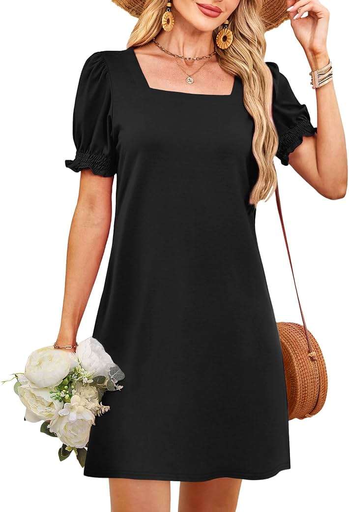 RUMIA Summer Dresses for Women 2025 Casual Cute Square Neck Puff Short Sleeve Dress with Pockets - Image 4