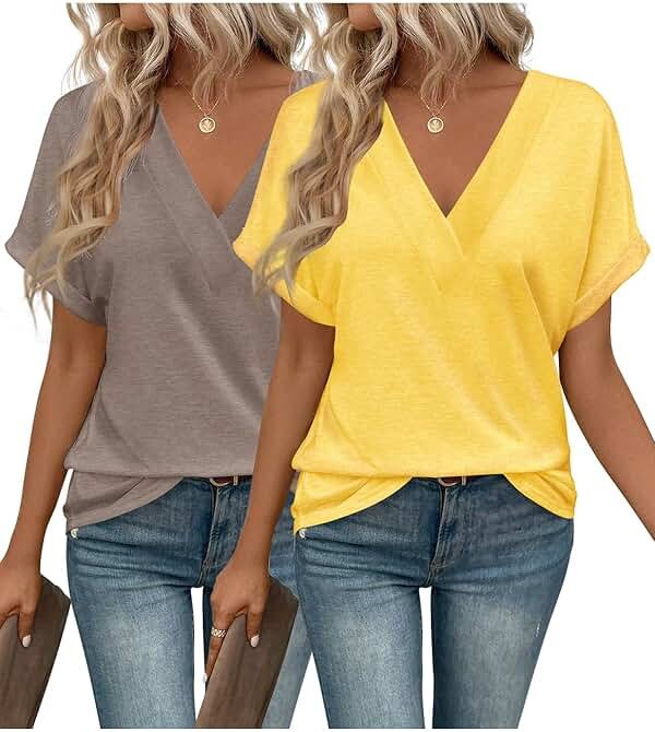 2PCS T Shirts Short Sleeve V Neck Tees Womens Tops Fashion Beach Vacation Clothes 2026 Casual Summer Spring Outfits - Product Image