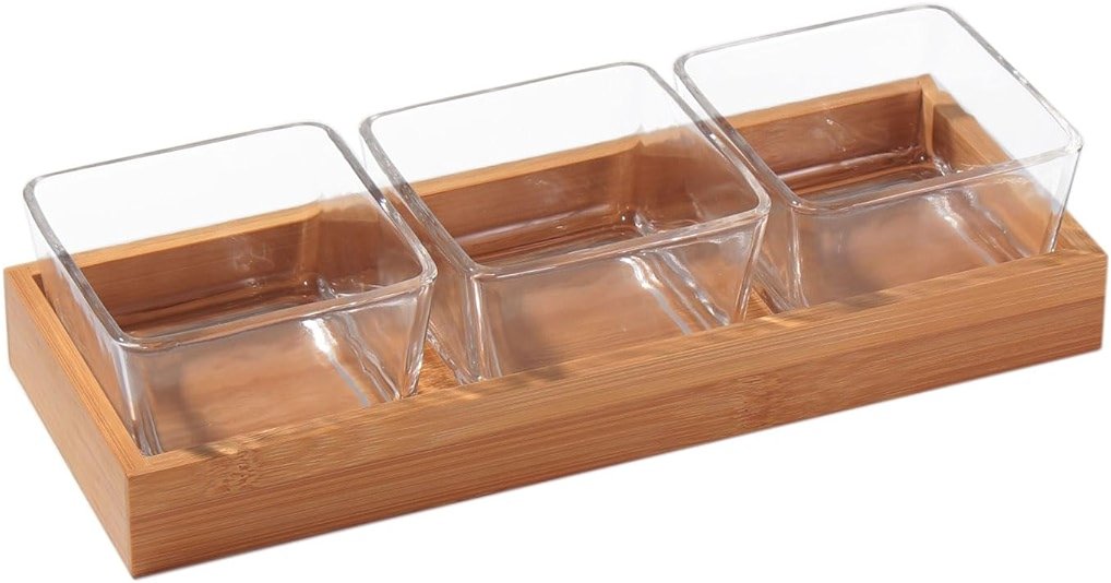 Snackle Box Container Chip and Dip Bowls With Serving Tray, 3 Glass Square Sauce Cups Dip Bowls, Small Fruit Platter Side Dishes for Party Entertaining Appetizer Dessert Salsa Side Dishes(THREE) - Product Image