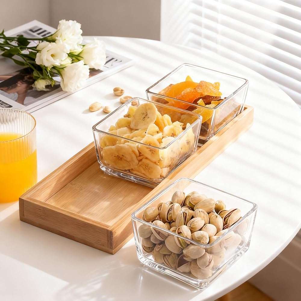 Snackle Box Container Chip and Dip Bowls With Serving Tray, 3 Glass Square Sauce Cups Dip Bowls, Small Fruit Platter Side Dishes for Party Entertaining Appetizer Dessert Salsa Side Dishes(THREE) - Image 2