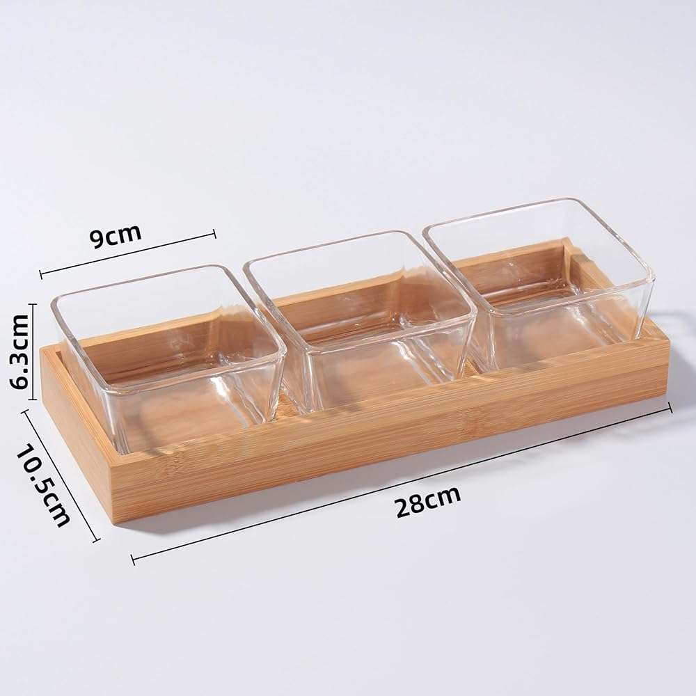 Snackle Box Container Chip and Dip Bowls With Serving Tray, 3 Glass Square Sauce Cups Dip Bowls, Small Fruit Platter Side Dishes for Party Entertaining Appetizer Dessert Salsa Side Dishes(THREE) - Image 3