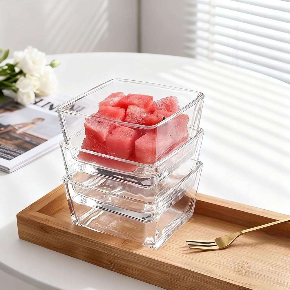 Snackle Box Container Chip and Dip Bowls With Serving Tray, 3 Glass Square Sauce Cups Dip Bowls, Small Fruit Platter Side Dishes for Party Entertaining Appetizer Dessert Salsa Side Dishes(THREE) - Image 5