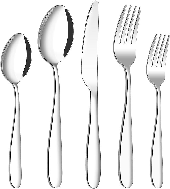 60-Piece Stainless Steel Silverware Set for 12 Amafox Kitchen Flatware Cultery Set Dinner Spoons and Forks Knives Set for Daily Use Party Dishwasher Safe Mirror-Polished - Product Image