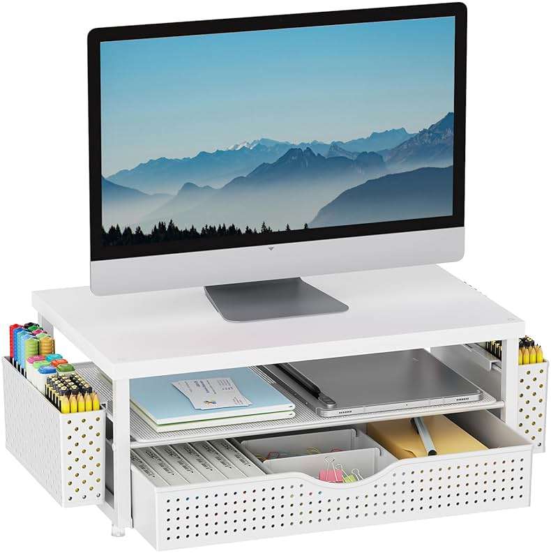 gianotter Desk Organizers and Accessories, Monitor Stand with Drawer and 2 Pen Holder, Desktop Organizer Suitable for Offices and Dormitories (White-Plain) - Image 1