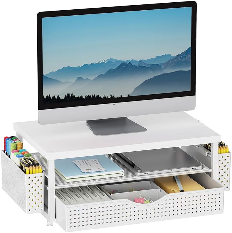 gianotter Desk Organizers and Accessories, Monitor Stand with Drawer and 2 Pen Holder, Desktop Organizer Suitable for Offices and Dormitories (White-Plain) - Product Image