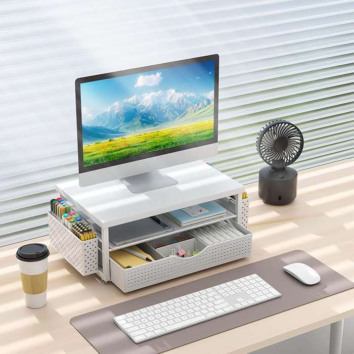 gianotter Desk Organizers and Accessories, Monitor Stand with Drawer and 2 Pen Holder, Desktop Organizer Suitable for Offices and Dormitories (White-Plain) - Image 2
