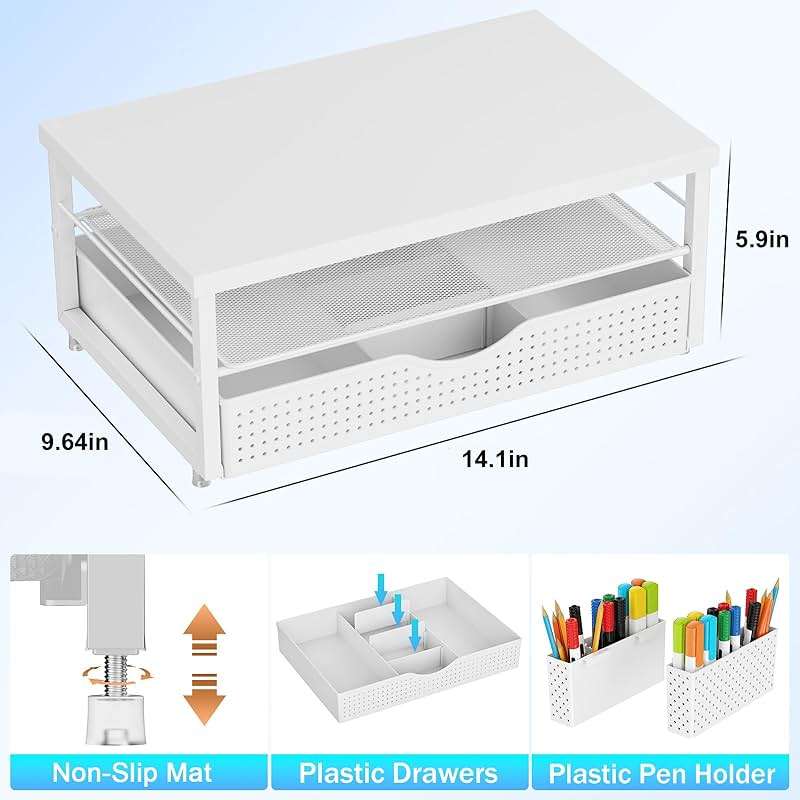 gianotter Desk Organizers and Accessories, Monitor Stand with Drawer and 2 Pen Holder, Desktop Organizer Suitable for Offices and Dormitories (White-Plain) - Image 3