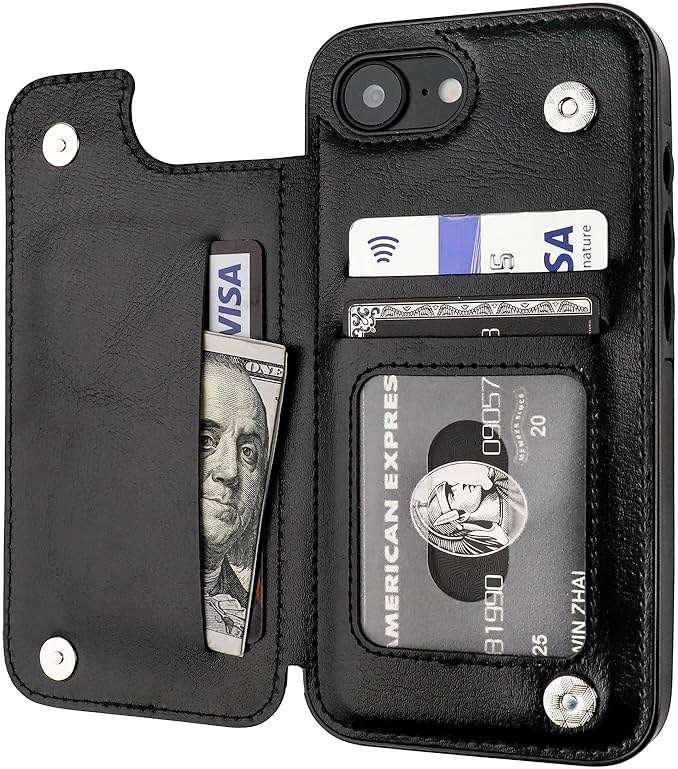 ONETOP Compatible with iPhone 17e/16e Wallet Case with Card Holder, PU Leather Kickstand Card Slots Case, Double Magnetic Clasp and Durable Shockproof Cover 6.1 Inch (Black) - Image 1