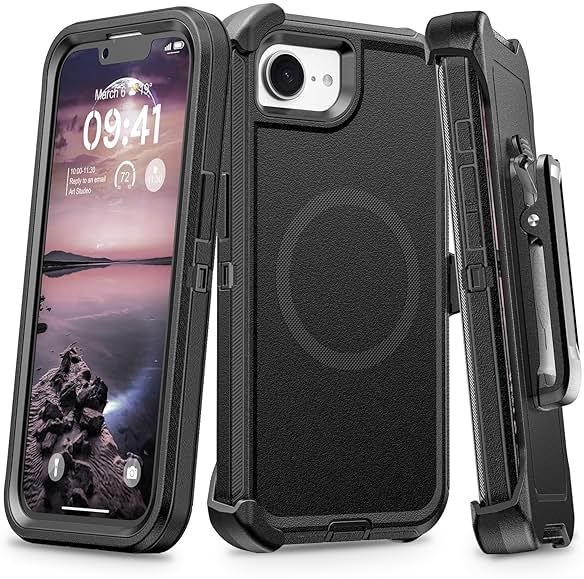 TUTUKII for iPhone 16e & iPhone 17e Case with Belt Clip Holster, Anti-Shock, Anti-Slip, Compatible with MagSafe, 3-Layer Drop Protection, Heavy Duty Magnetic Phone Case Cover 6.1", Black - Product Image