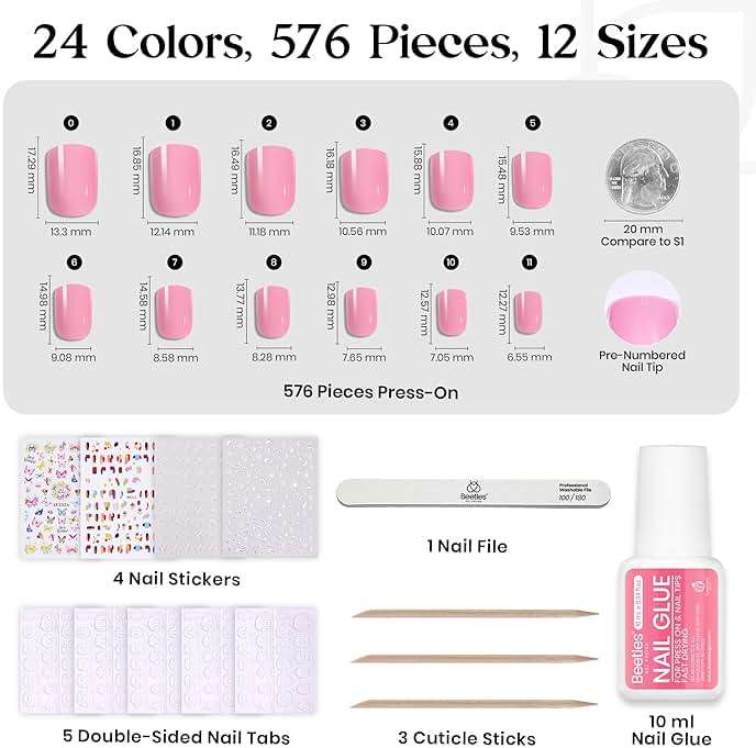 Beetles Press on Nails Kit 576Pcs 24 Colors, Short Square Press on Nails Glossy Matte With Nail Glue & Nail Tabs Stickers, Natural Fit Lightweight Fake Nails Kit Art For Women - Image 5