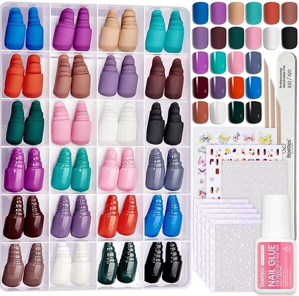 Beetles Press on Nails Kit 576Pcs 24 Colors, Short Square Press on Nails Glossy Matte With Nail Glue & Nail Tabs Stickers, Natural Fit Lightweight Fake Nails Kit Art For Women - Image 8