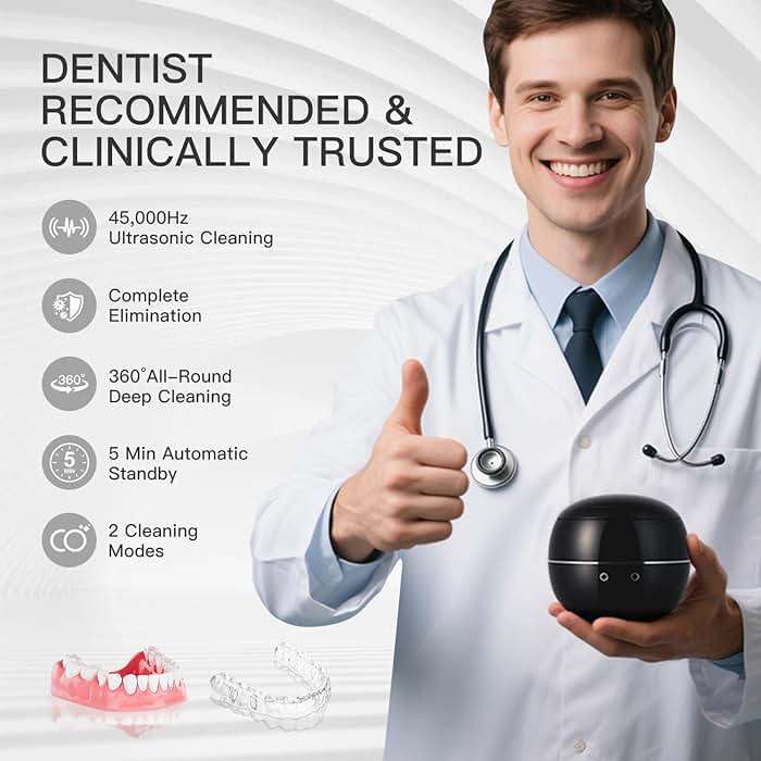 Dental Ultrasonic Retainer Cleaner Machine: 45kHz Dental Cleaning Pod for Denture, Aligner, Mouth Guard, Night Guard, Braces & Jewelry, UV Denture Cleaner with Digital Timer & Dual Mode 250ML Black - Image 2