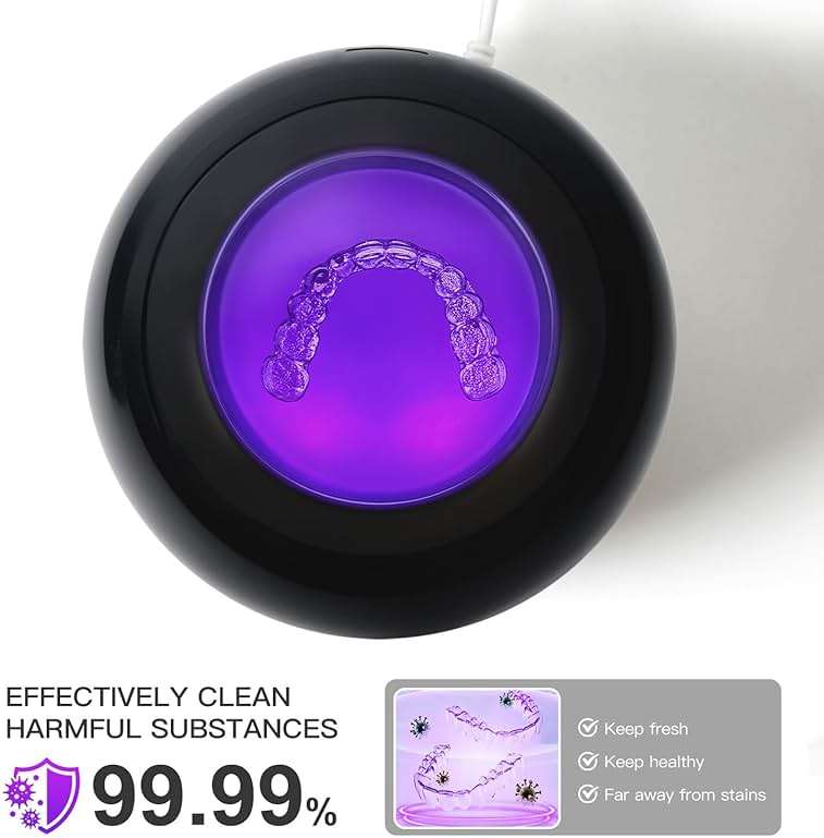 Dental Ultrasonic Retainer Cleaner Machine: 45kHz Dental Cleaning Pod for Denture, Aligner, Mouth Guard, Night Guard, Braces & Jewelry, UV Denture Cleaner with Digital Timer & Dual Mode 250ML Black - Image 3