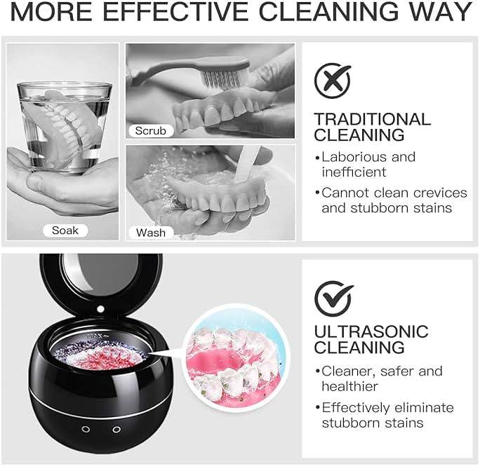 Dental Ultrasonic Retainer Cleaner Machine: 45kHz Dental Cleaning Pod for Denture, Aligner, Mouth Guard, Night Guard, Braces & Jewelry, UV Denture Cleaner with Digital Timer & Dual Mode 250ML Black - Image 5