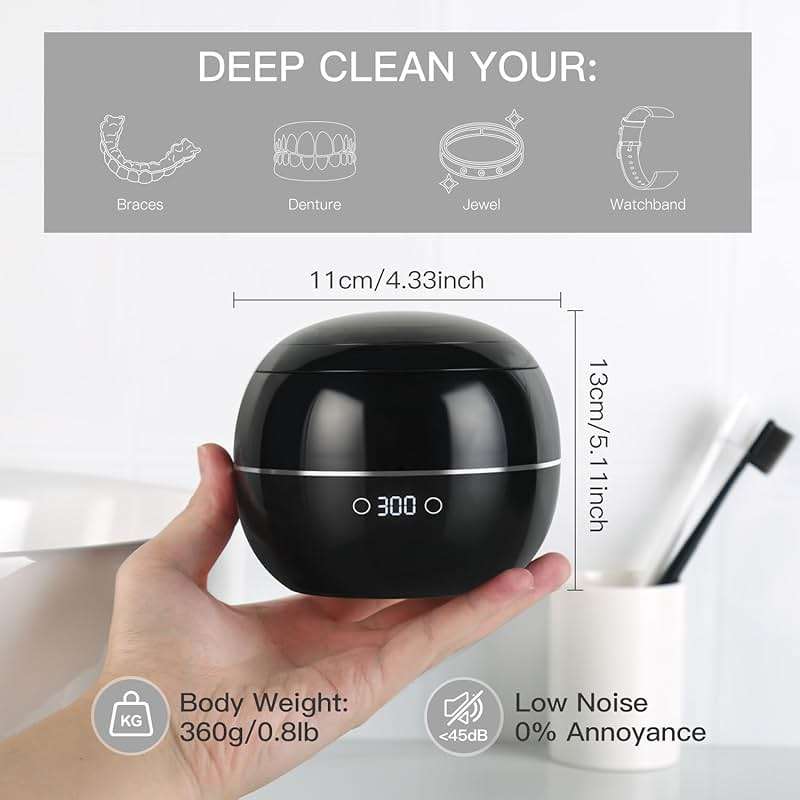 Dental Ultrasonic Retainer Cleaner Machine: 45kHz Dental Cleaning Pod for Denture, Aligner, Mouth Guard, Night Guard, Braces & Jewelry, UV Denture Cleaner with Digital Timer & Dual Mode 250ML Black - Image 6