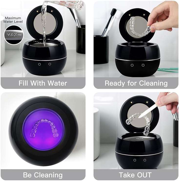 Dental Ultrasonic Retainer Cleaner Machine: 45kHz Dental Cleaning Pod for Denture, Aligner, Mouth Guard, Night Guard, Braces & Jewelry, UV Denture Cleaner with Digital Timer & Dual Mode 250ML Black - Image 7