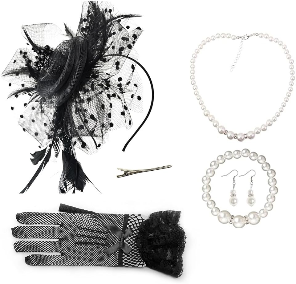 AQOKKA Women Fascinators Hats Veil Mesh Tea Party Derby Hat Bow Lace Gloves Pearl Jewelry Set for Women Cocktail Wedding - Product Image