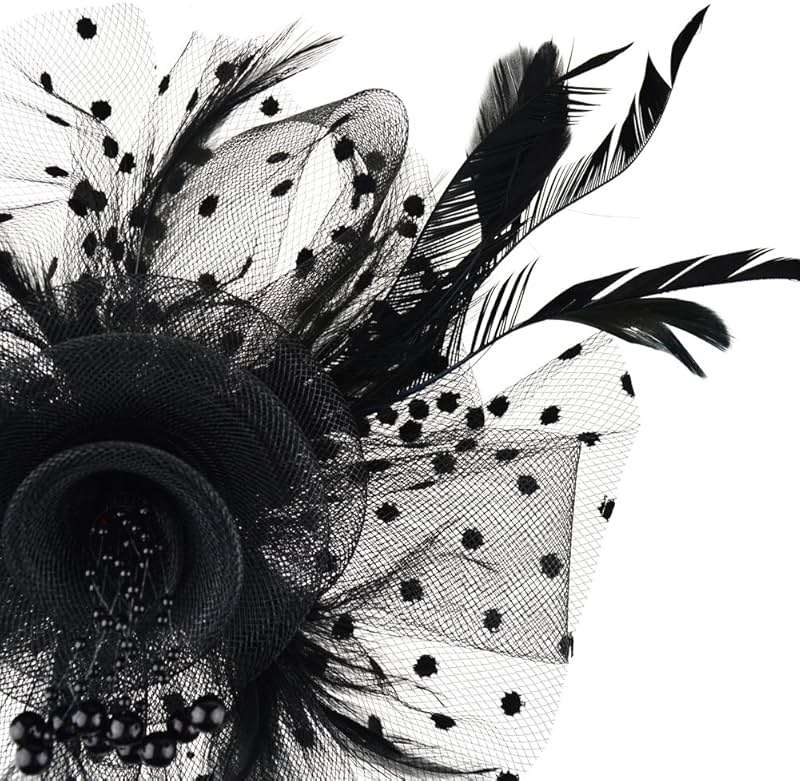 AQOKKA Women Fascinators Hats Veil Mesh Tea Party Derby Hat Bow Lace Gloves Pearl Jewelry Set for Women Cocktail Wedding - Image 3