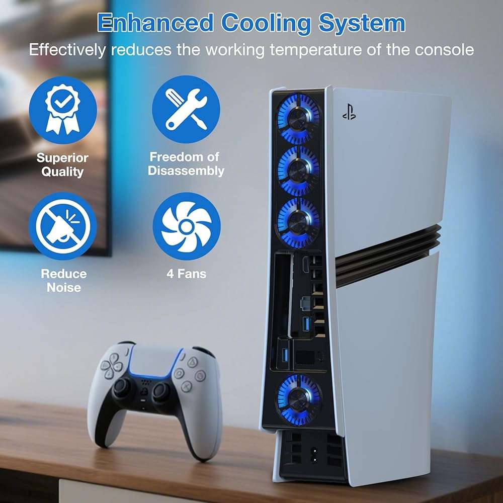 JUSPRO Cooling Fan for PS5 Pro, Quiet Enhanced 4 Cooler Fan with Adjustable Speed, Auto Power On/Off, Cooling Accessories with USB 3.0 Port and LED Light for PlayStation 5 Pro - Image 2