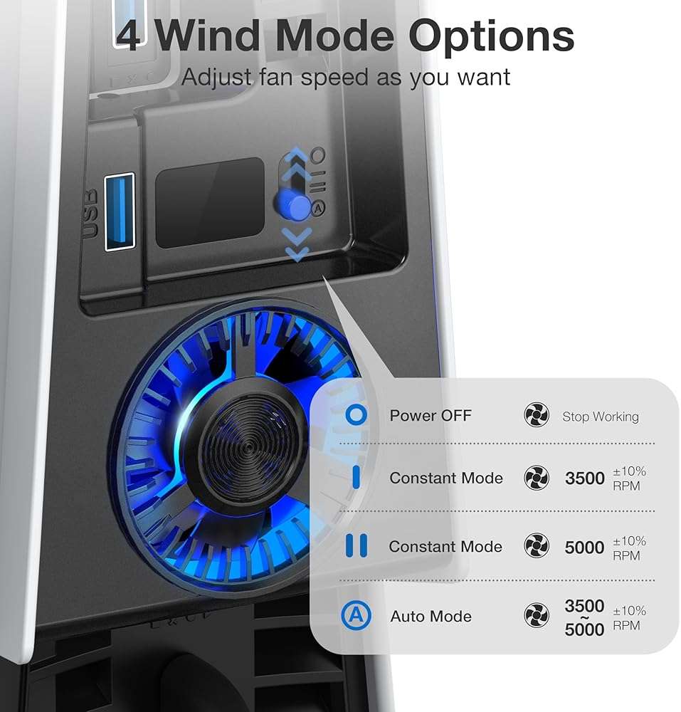 JUSPRO Cooling Fan for PS5 Pro, Quiet Enhanced 4 Cooler Fan with Adjustable Speed, Auto Power On/Off, Cooling Accessories with USB 3.0 Port and LED Light for PlayStation 5 Pro - Image 4