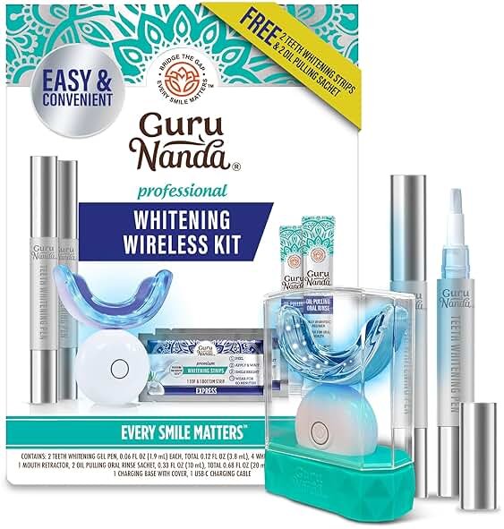 GuruNanda Teeth Whitening Kit - 8% Hydrogen Peroxide Teeth Whitening Gel Pen & Advanced Wireless LED Accelerator Light, Upto 10 Shades Whiter Teeth, Professional Dentist-Inspired System, 40 Treatments - Product Image