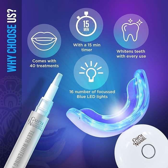 GuruNanda Teeth Whitening Kit - 8% Hydrogen Peroxide Teeth Whitening Gel Pen & Advanced Wireless LED Accelerator Light, Upto 10 Shades Whiter Teeth, Professional Dentist-Inspired System, 40 Treatments - Image 4