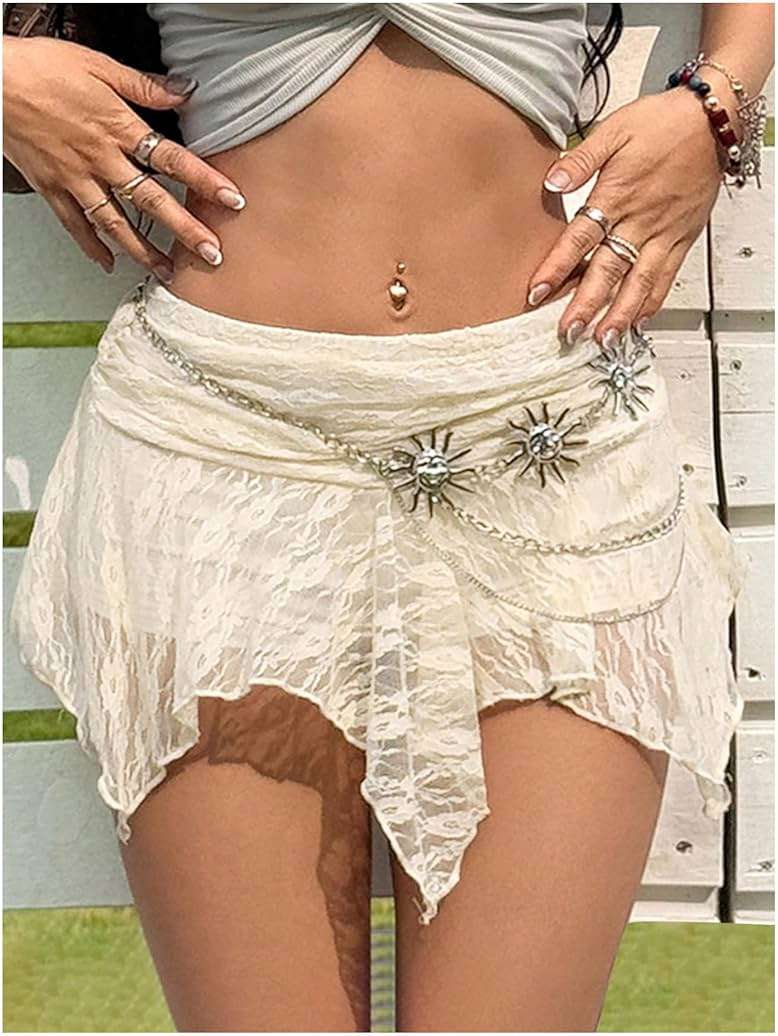 MakeMeChic Women's Boho Flowy Lace Mini Skirt Asymmetrical Ruched Ruffle Summer Festival Rave Fairy Skirts - Image 4