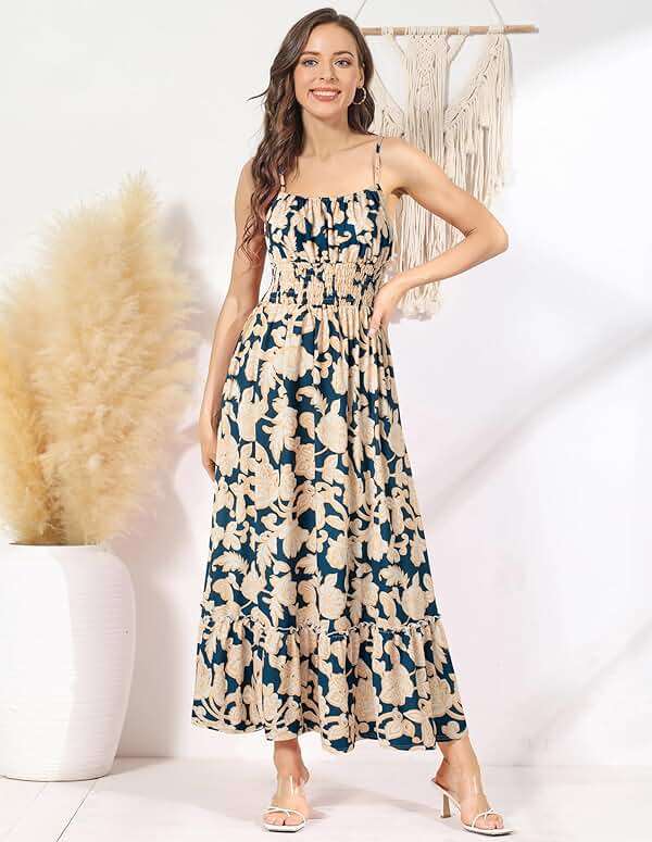 GRACE KARIN Summer Dresses for Women 2026 Vacation,Smocked Floral Maxi Dress,Boho Beach Sundress with Pocket Fashion Clothing - Image 4
