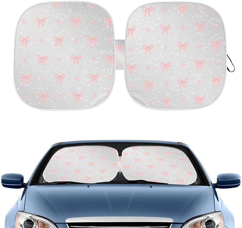 Pink Bow Print Car Windshield Sun Shade, Foldable Reflective UV Protection Sun Visor with Storage Pouch, Auto Interior Accessories for Sedan, SUV, Hatchback - Image 1