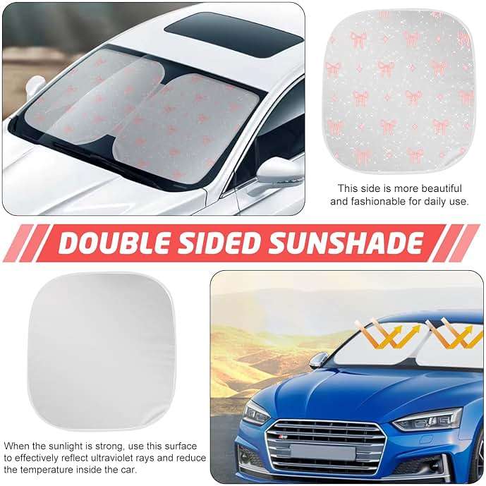 Pink Bow Print Car Windshield Sun Shade, Foldable Reflective UV Protection Sun Visor with Storage Pouch, Auto Interior Accessories for Sedan, SUV, Hatchback - Image 6
