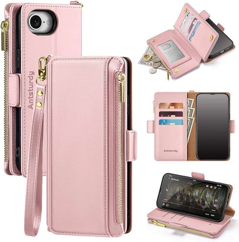 Antsturdy Compatible with iPhone 17e / 16e Wallet Case,RFID Blocking PU Leather Phone Case Women Men Kickstand flip Cover Wrist Strap Zipper Credit Card Holder Slots for Apple 17e / 16e,Pink - Image 1