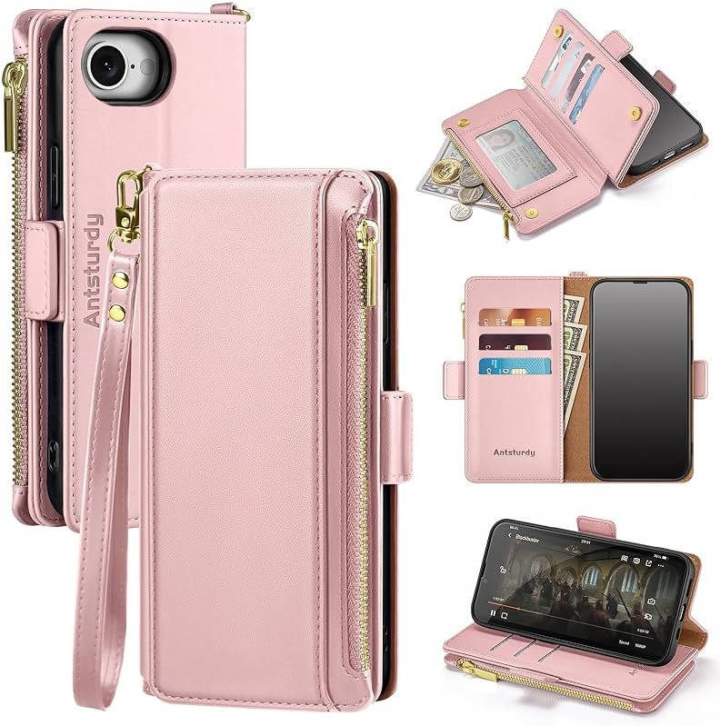 Antsturdy Compatible with iPhone 17e / 16e Wallet Case,RFID Blocking PU Leather Phone Case Women Men Kickstand flip Cover Wrist Strap Zipper Credit Card Holder Slots for Apple 17e / 16e,Pink - Product Image