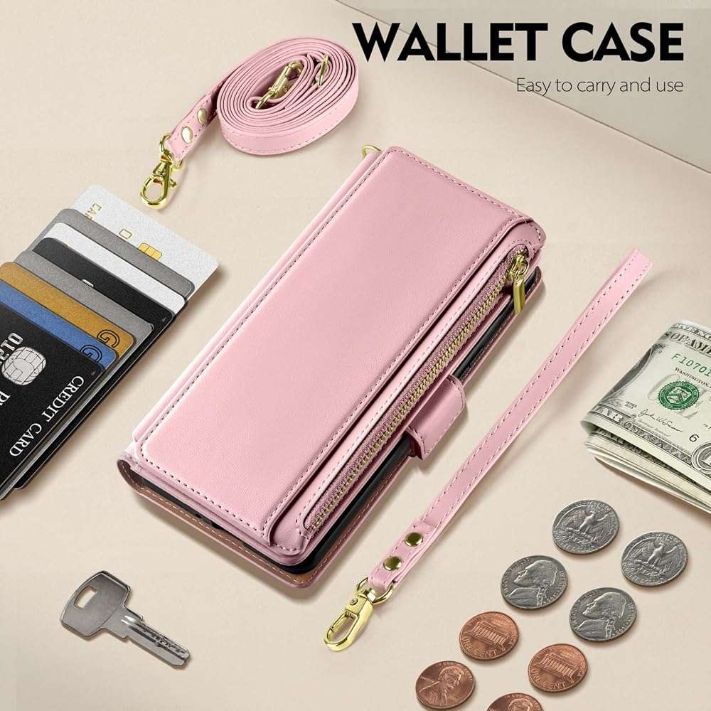 Antsturdy Compatible with iPhone 17e / 16e Wallet Case,RFID Blocking PU Leather Phone Case Women Men Kickstand flip Cover Wrist Strap Zipper Credit Card Holder Slots for Apple 17e / 16e,Pink - Image 2
