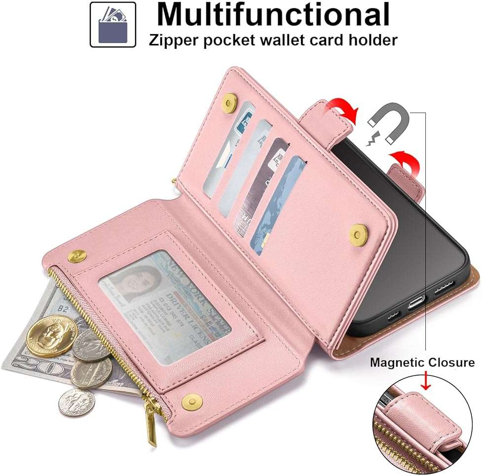 Antsturdy Compatible with iPhone 17e / 16e Wallet Case,RFID Blocking PU Leather Phone Case Women Men Kickstand flip Cover Wrist Strap Zipper Credit Card Holder Slots for Apple 17e / 16e,Pink - Image 3