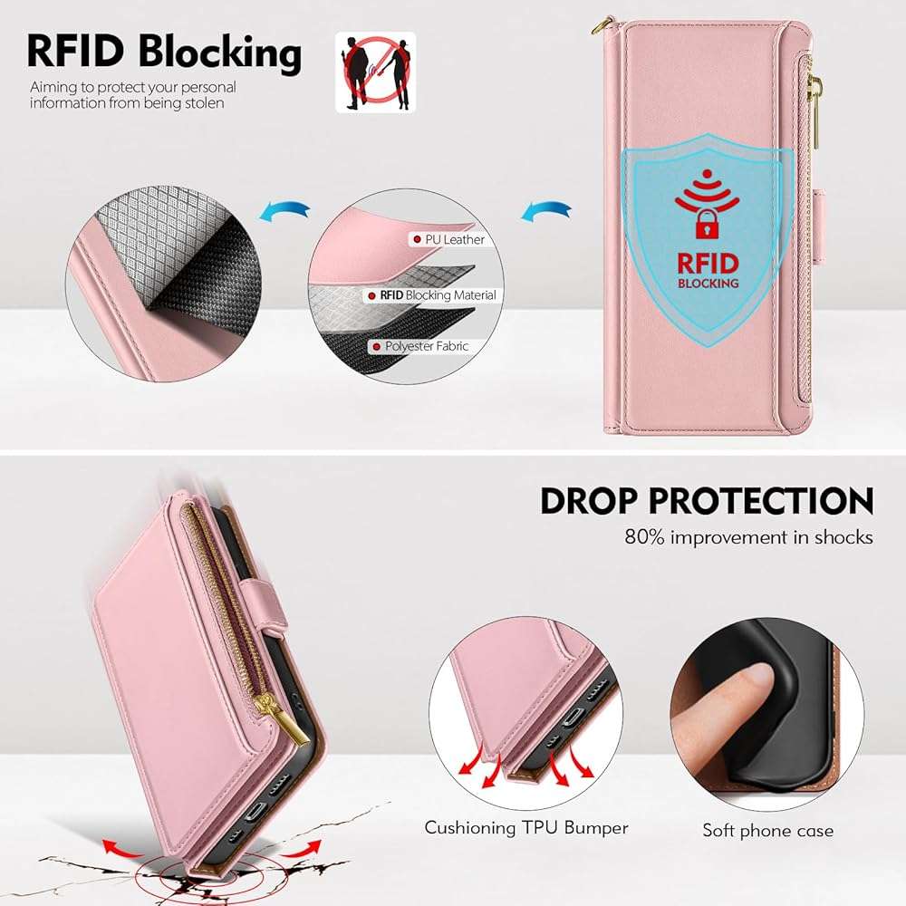Antsturdy Compatible with iPhone 17e / 16e Wallet Case,RFID Blocking PU Leather Phone Case Women Men Kickstand flip Cover Wrist Strap Zipper Credit Card Holder Slots for Apple 17e / 16e,Pink - Image 4