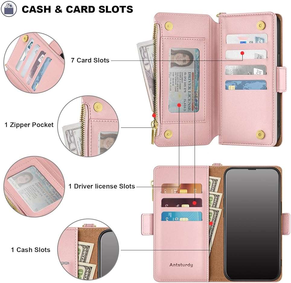 Antsturdy Compatible with iPhone 17e / 16e Wallet Case,RFID Blocking PU Leather Phone Case Women Men Kickstand flip Cover Wrist Strap Zipper Credit Card Holder Slots for Apple 17e / 16e,Pink - Image 5