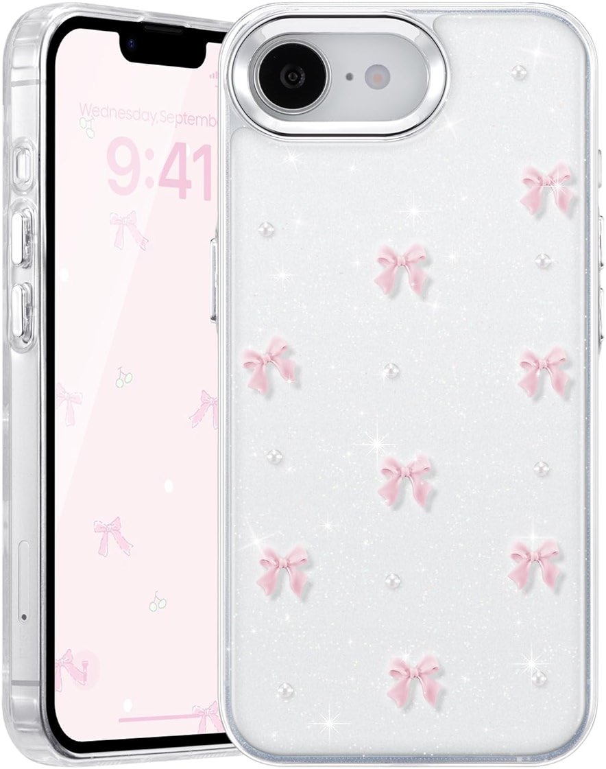 EYZUTAK Case for iPhone 17e/iPhone 16e, Bling Glitter 3D Bowknot Phone Case Cute Sparkly Crystal Clear Bow Aesthetic Design Cover Slim Soft Durable TPU Transparent Protective Cover for Women-Pink Bow - Product Image