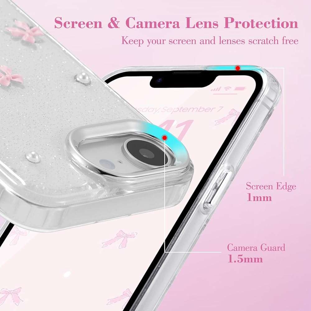 EYZUTAK Case for iPhone 17e/iPhone 16e, Bling Glitter 3D Bowknot Phone Case Cute Sparkly Crystal Clear Bow Aesthetic Design Cover Slim Soft Durable TPU Transparent Protective Cover for Women-Pink Bow - Image 2