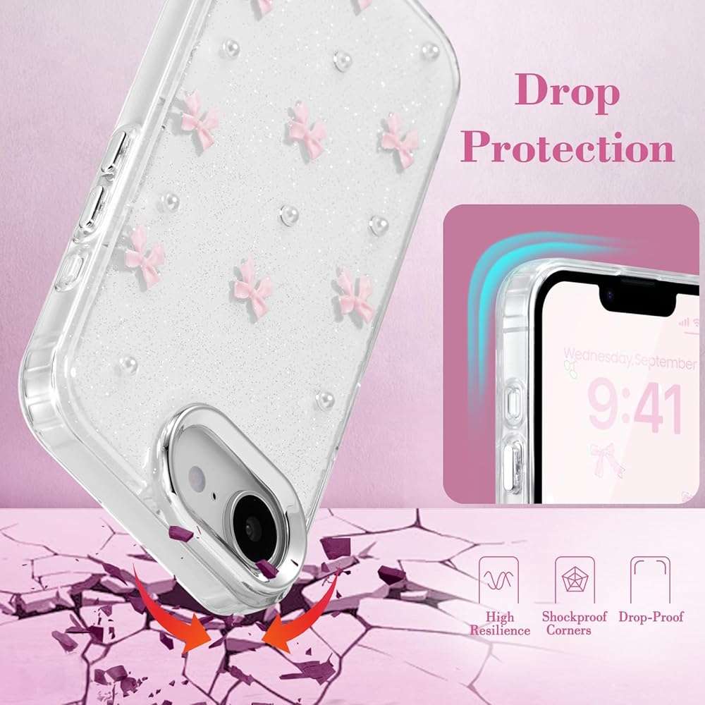 EYZUTAK Case for iPhone 17e/iPhone 16e, Bling Glitter 3D Bowknot Phone Case Cute Sparkly Crystal Clear Bow Aesthetic Design Cover Slim Soft Durable TPU Transparent Protective Cover for Women-Pink Bow - Image 3